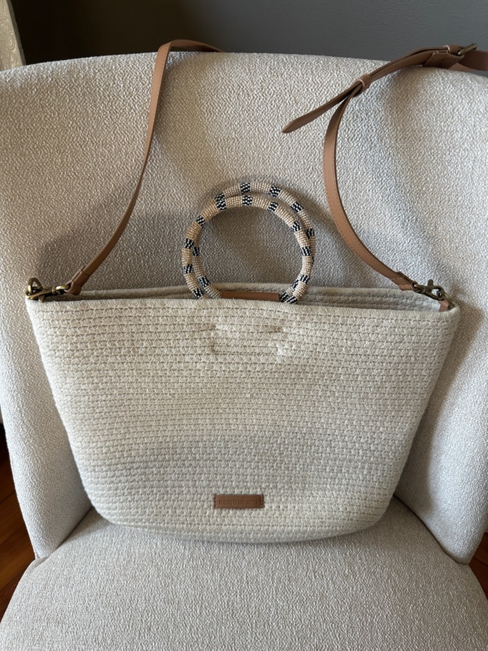 Elizabeth and James Cream Straw Circle-Handle Tote with Tan Shoulder Strap